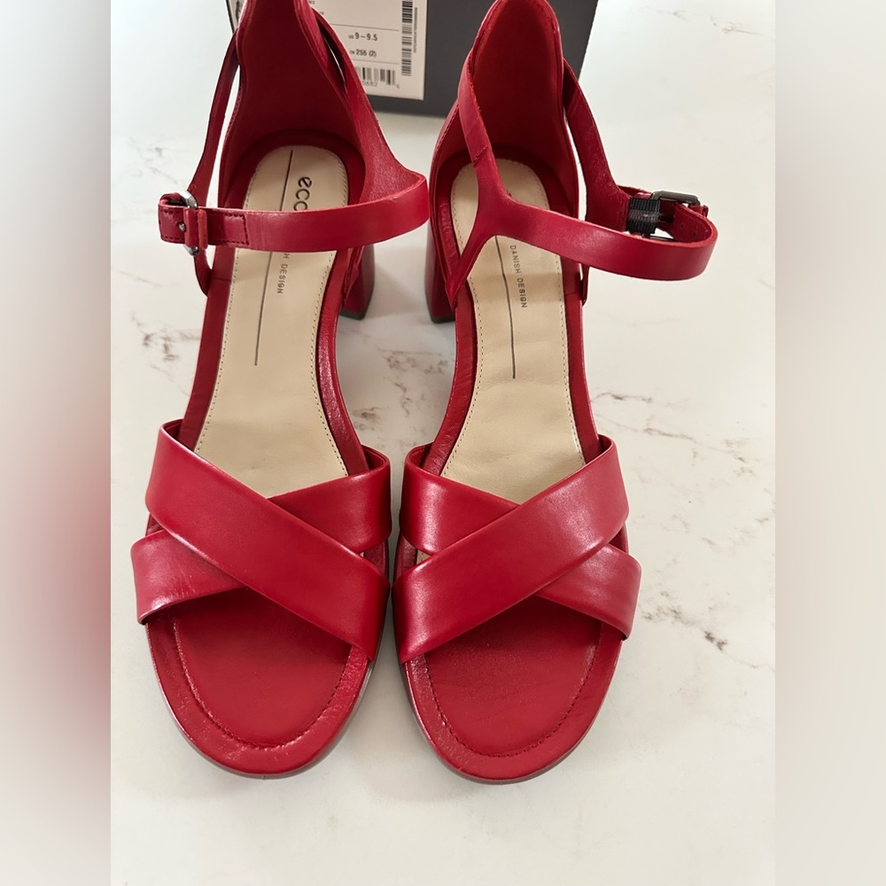 Ecco Red Leather Cross-Strap Block Heel Sandals